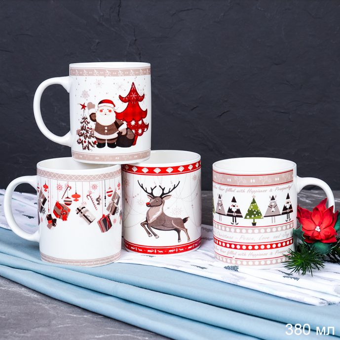 Кружка 4 штуки на металлстенде 380 мл / 1188-7 /кружка новогодняя/ в гофрокоробе/ АКЦИЯ