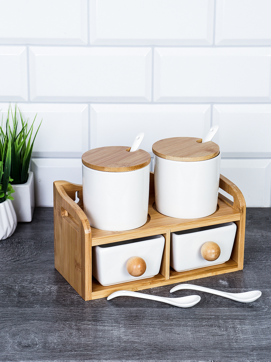 Набор для специй 4 предмета 250 мл с ложками / CF141 /уп 15/ на подставке