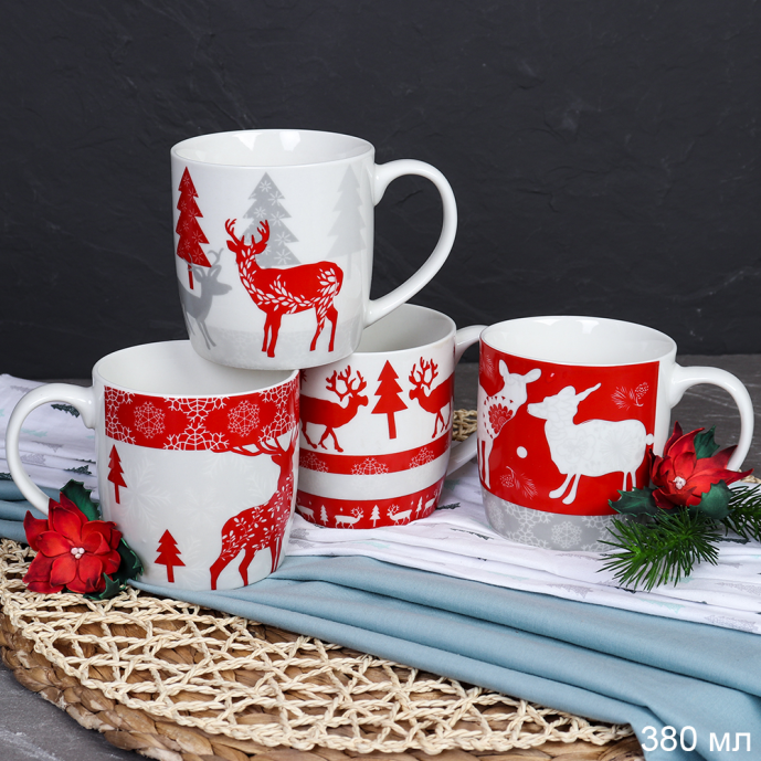 Кружка 4 штуки на металлстенде 380 мл / H012 /кружка новогодняя/ в гофрокоробе/ АКЦИЯ
