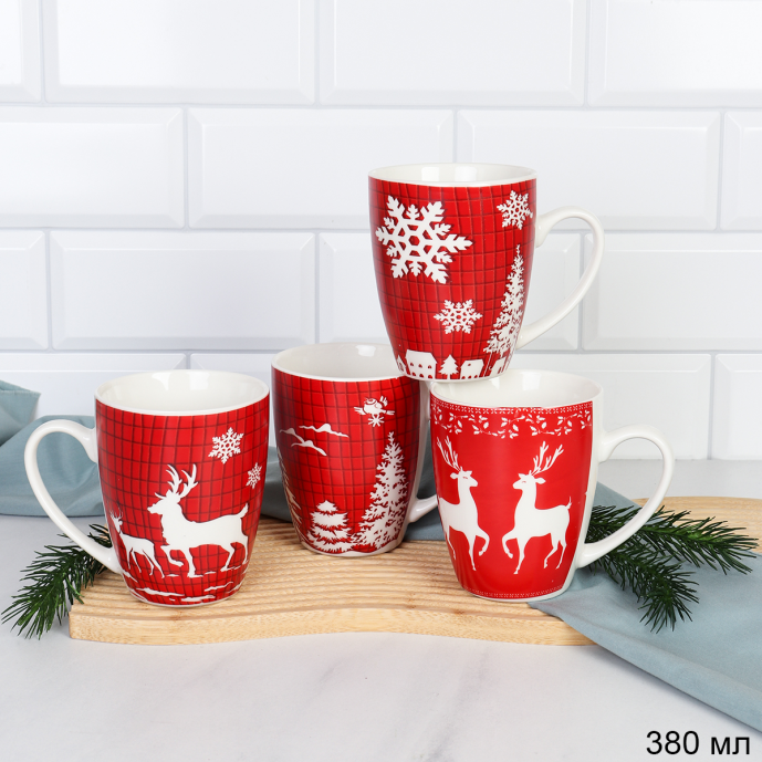 Кружка 4 штуки на металлсетнде 380 мл / KL-043 /кружка новогодняя/ АКЦИЯ
