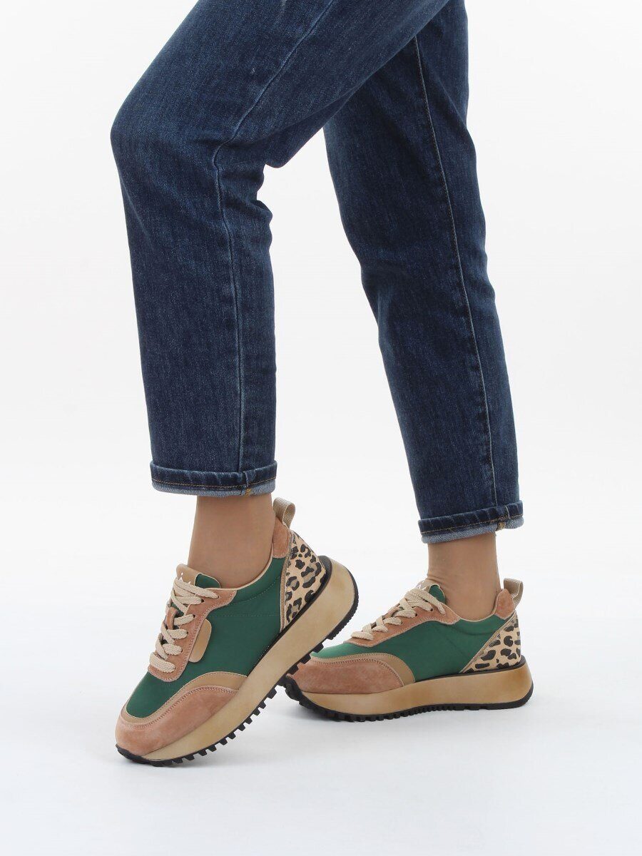 04-PDJ96-2 BEIGE/GREEN Кроссовки демисезонные женские (натуральная замша, натуральная кожа, текстиль)