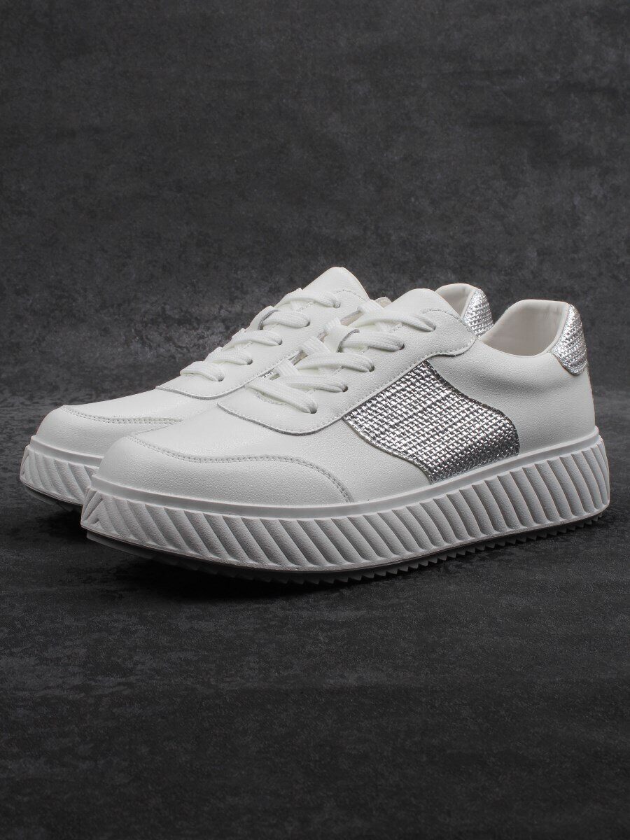 03-A1018-9 WHITE/SILVER Кроссовки женские (натуральная кожа)