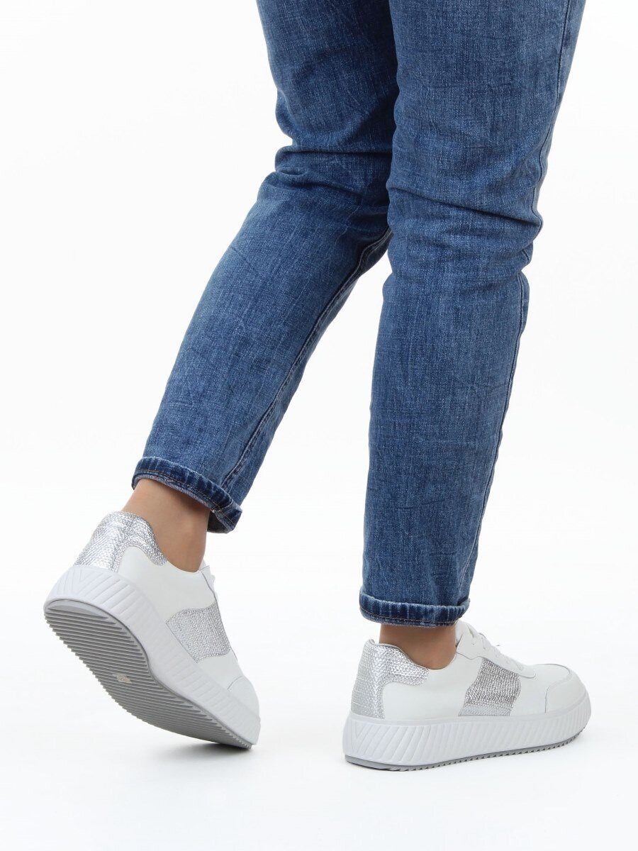 03-A1018-9 WHITE/SILVER Кроссовки женские (натуральная кожа)