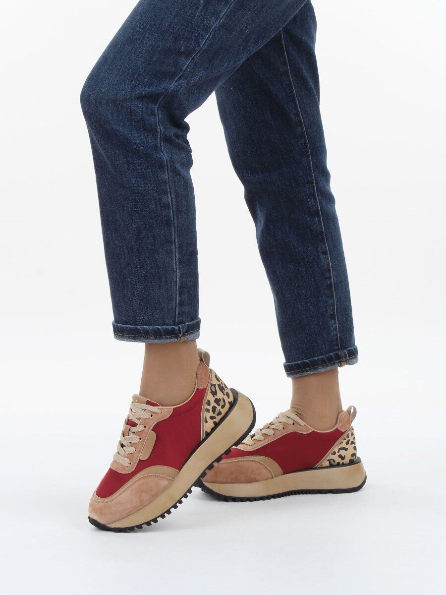 04-PDJ96-3 BEIGE/RED Кроссовки демисезонные женские (натуральная замша, натуральная кожа, текстиль)