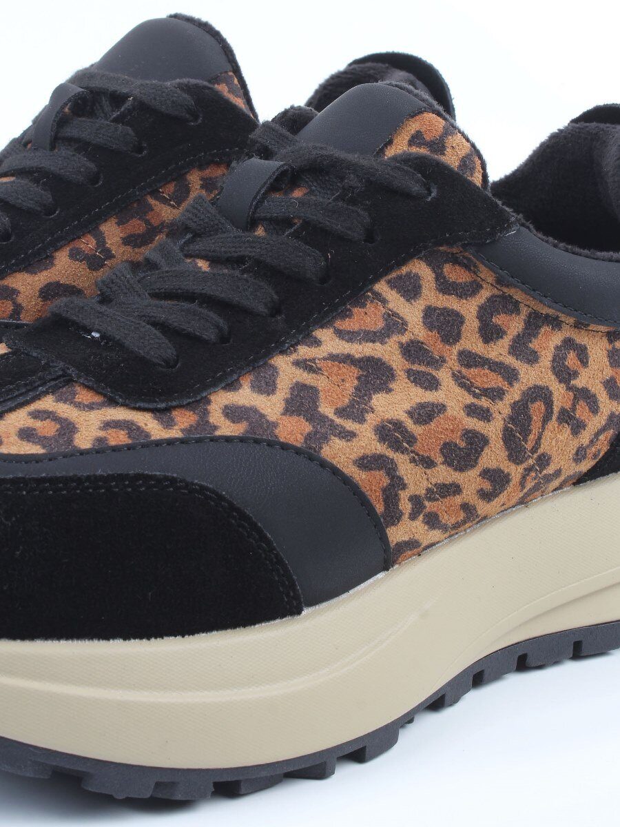 04-PCML24-1 BLACK/LEOPARD Кроссовки демисезонные женские (натуральная замша, натуральная кожа, байка)