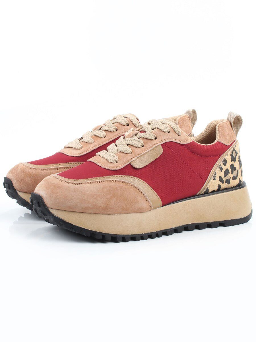 04-PDJ96-3 BEIGE/RED Кроссовки демисезонные женские (натуральная замша, натуральная кожа, текстиль)