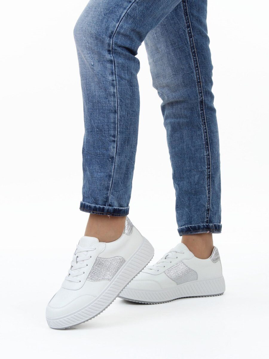 03-A1018-9 WHITE/SILVER Кроссовки женские (натуральная кожа)