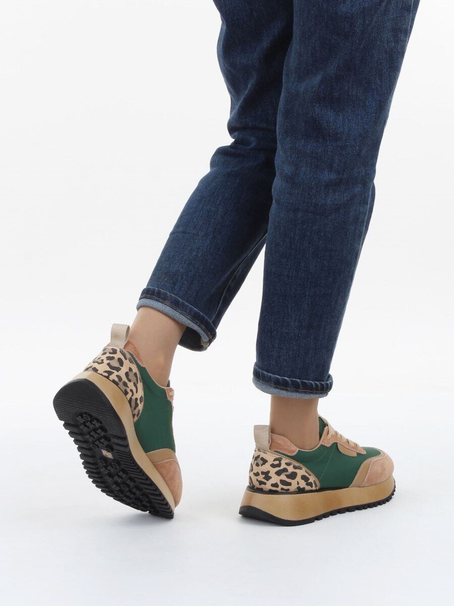 04-PDJ96-2 BEIGE/GREEN Кроссовки демисезонные женские (натуральная замша, натуральная кожа, текстиль)