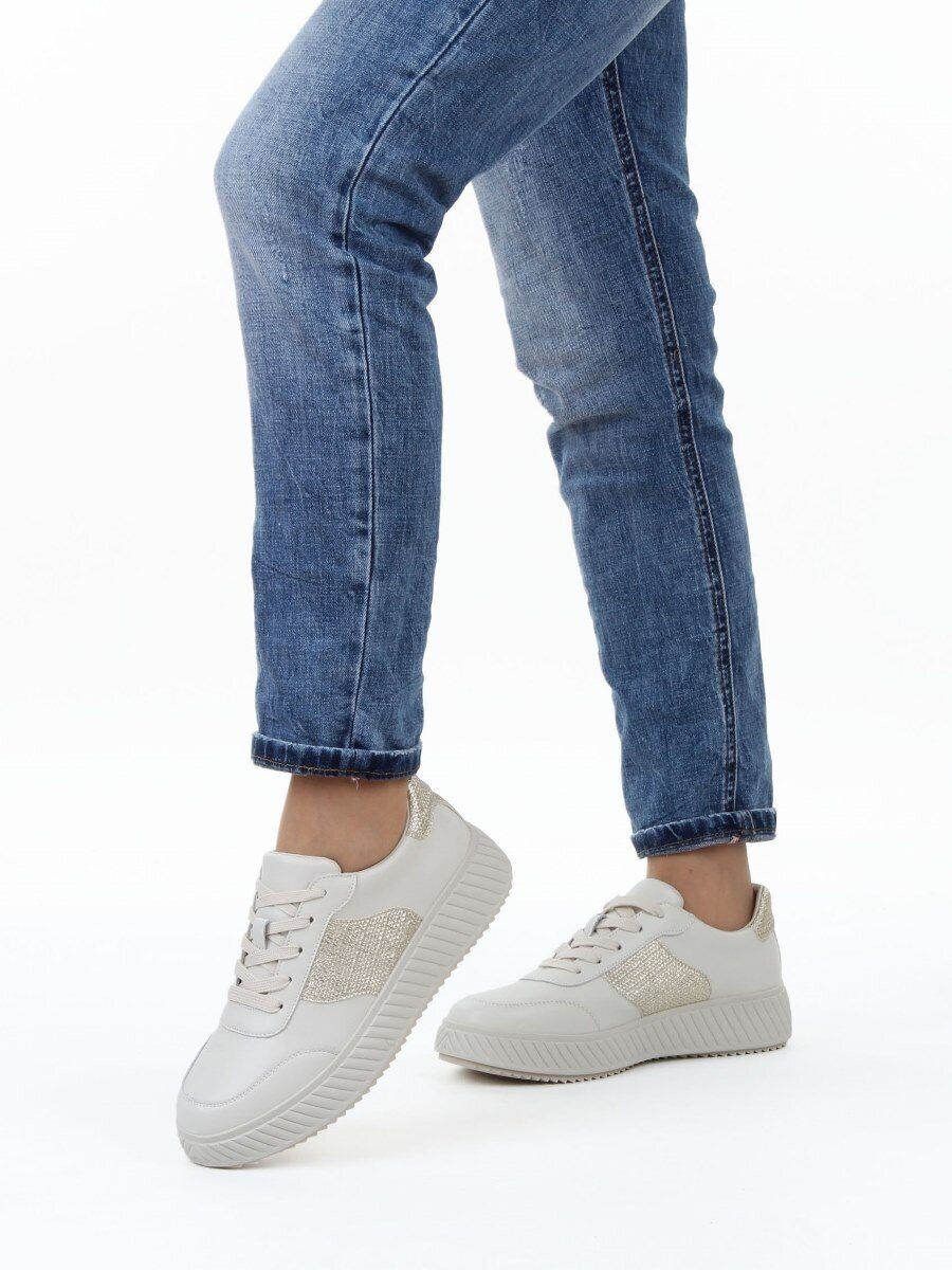 03-A1018-2 LT. BEIGE/GOLD Кроссовки женские (натуральная кожа)