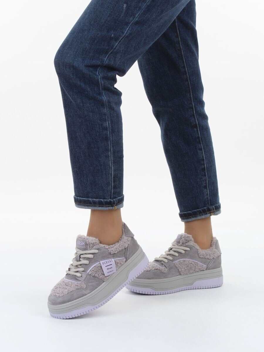 04-P124-3C GRAY Кроссовки демисезонные женские (натуральная замша, искусственный мех)