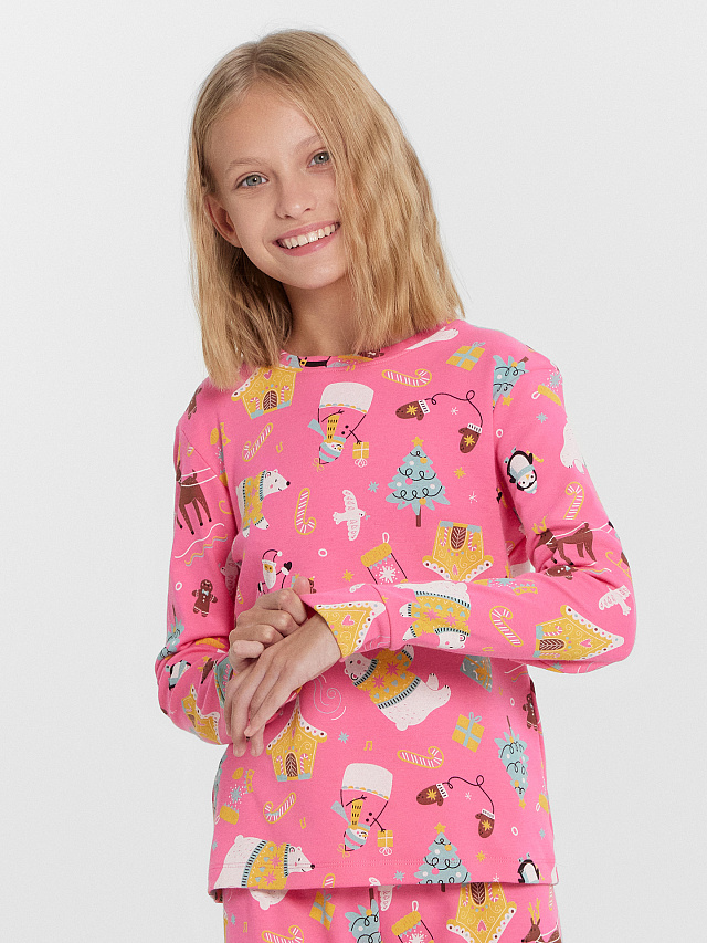 Комплект для девочек (джемпер, брюки) розовый с новогодними зверьками