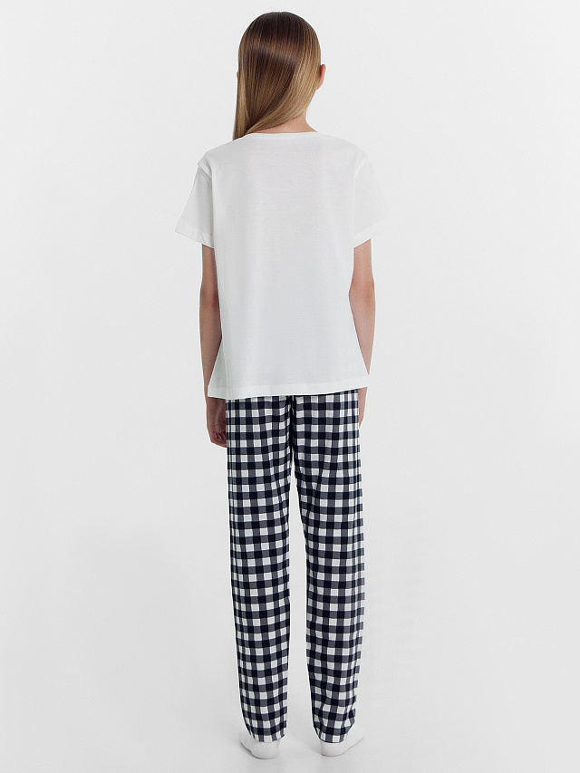 Комплект для девочек (футболка, брюки) бело-черный с клеткой виши