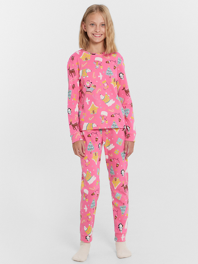 Комплект для девочек (джемпер, брюки) розовый с новогодними зверьками