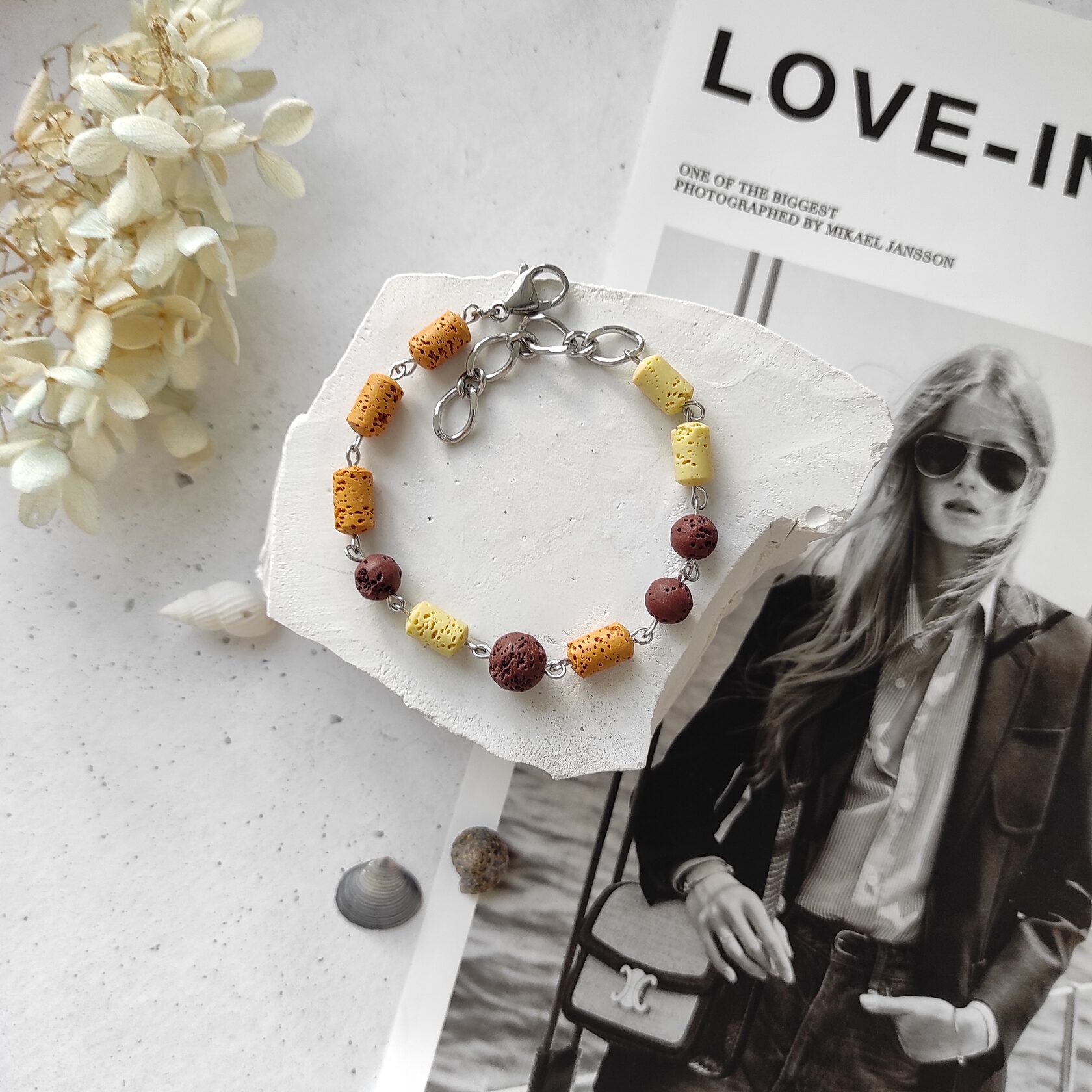 Браслет из вулканита: оранжевый + жёлтый + шоколадный оттенки