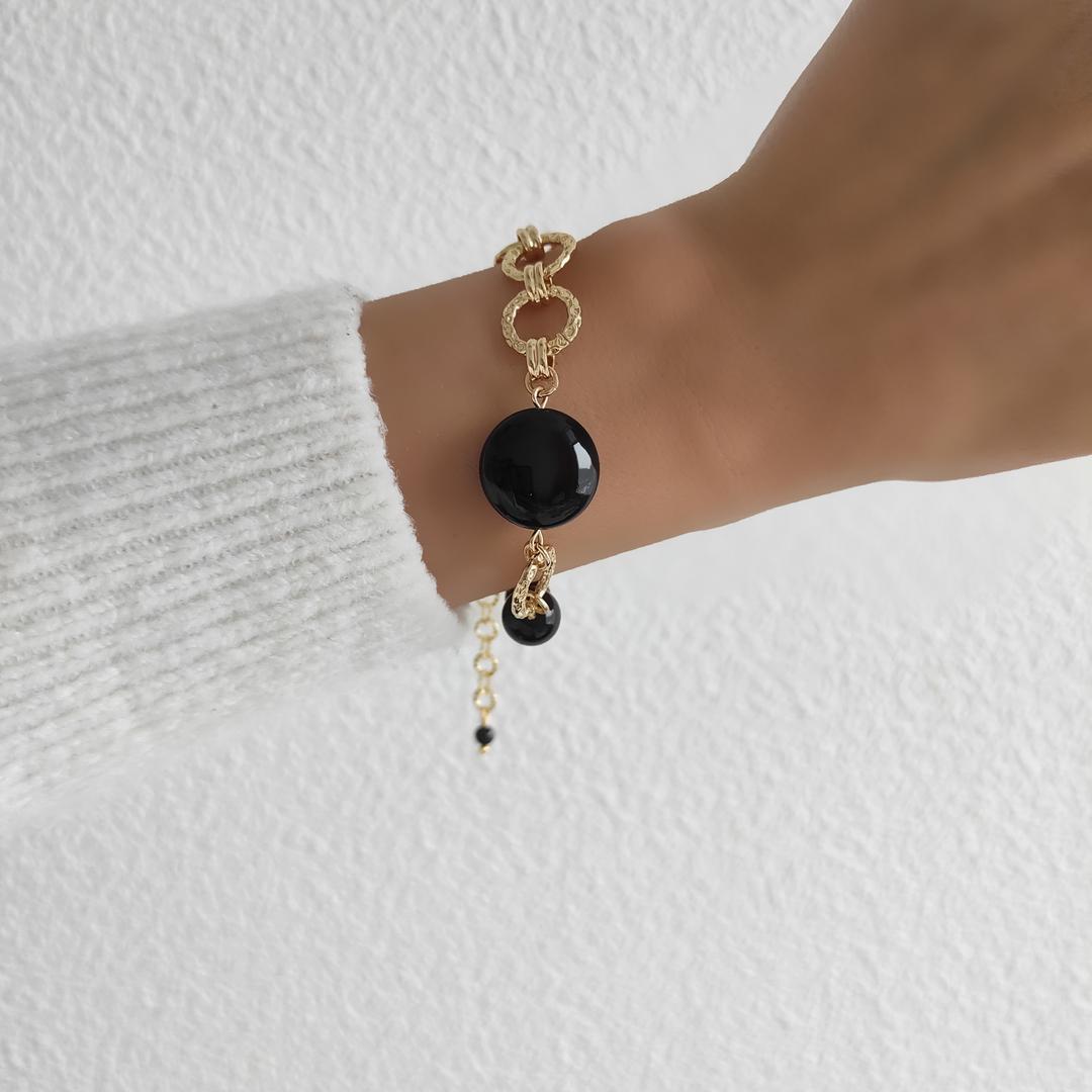 Браслет-цепь с черным агатом в позолоченой фурнитуре