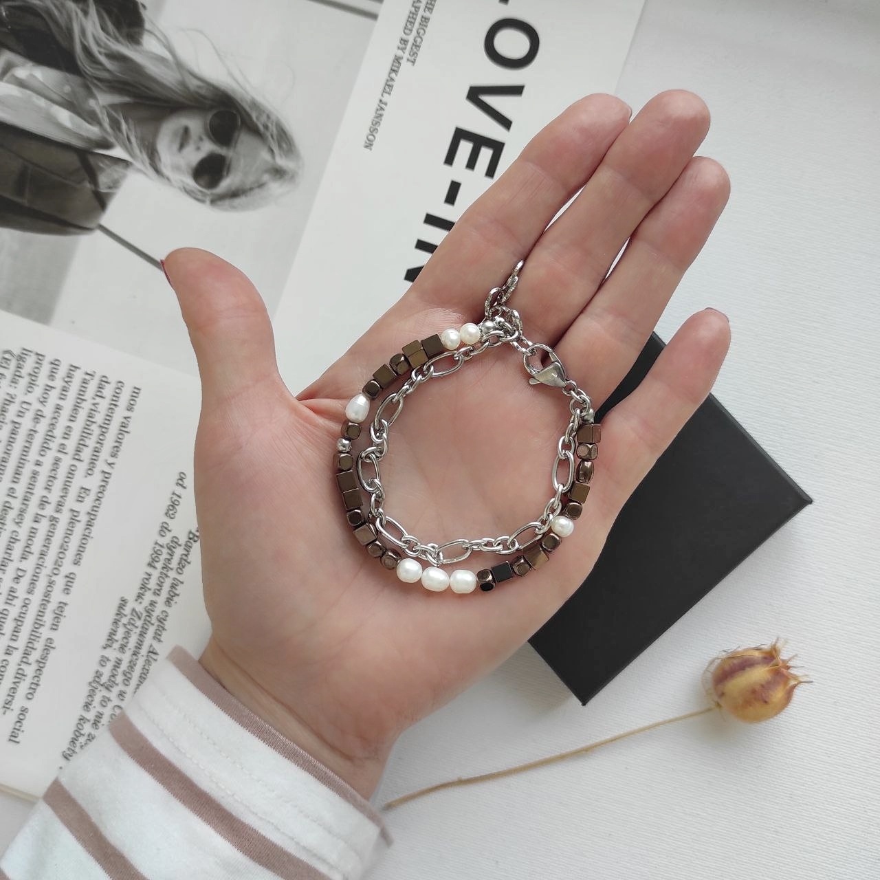 Браслет из гематита цвета какао и жемчуга