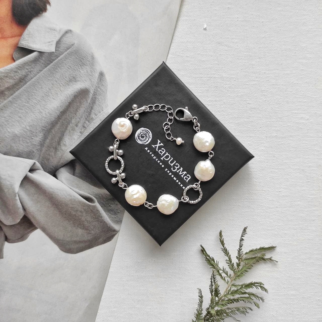 Браслет с барочными жемчужинами в фурнитуре из стали Уценка