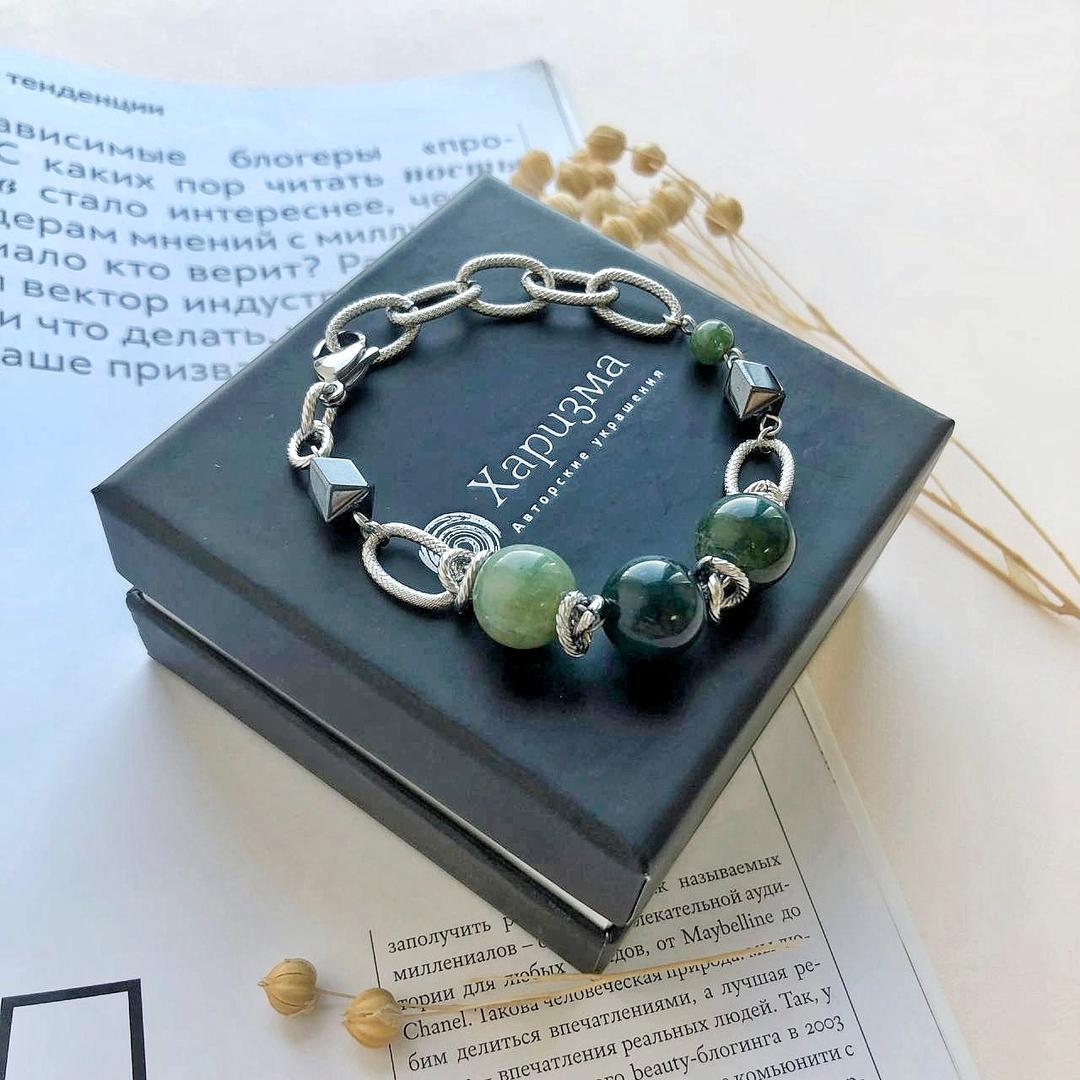Браслет с зелёной яшмой и гематитом