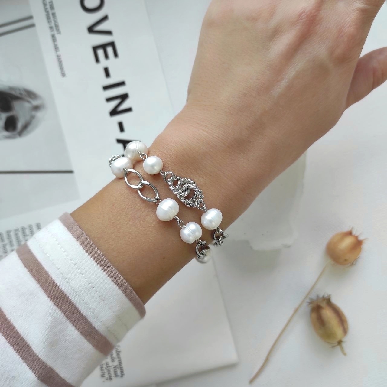 Браслет - трансформер из жемчуга в фурнитуре из стали