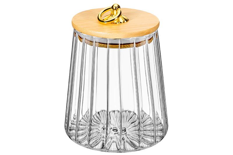 БЫЛО 510 руб! Банка д/хранения 650 мл 10*10*13 см с бамбуковой крышкой, золотой держатель, стекло