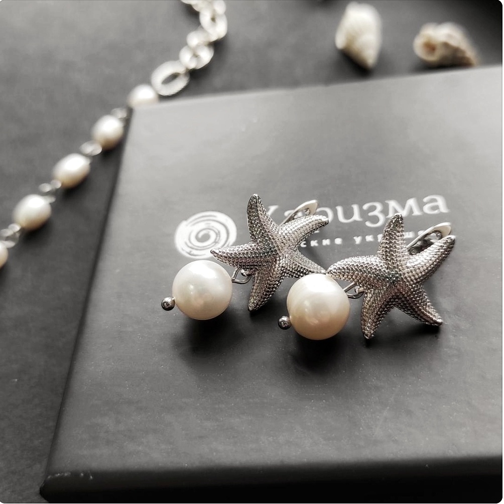 Серьги с жемчугом Морская звезда в белом металле