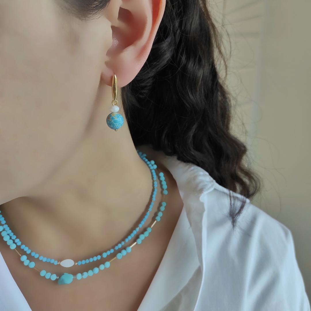 Серьги с турквенитом, варисцитом, перламутром