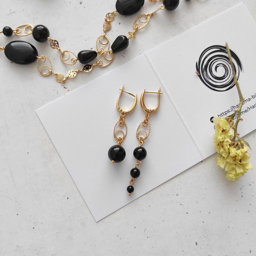 Серьги с черным агатом ажурные элементы