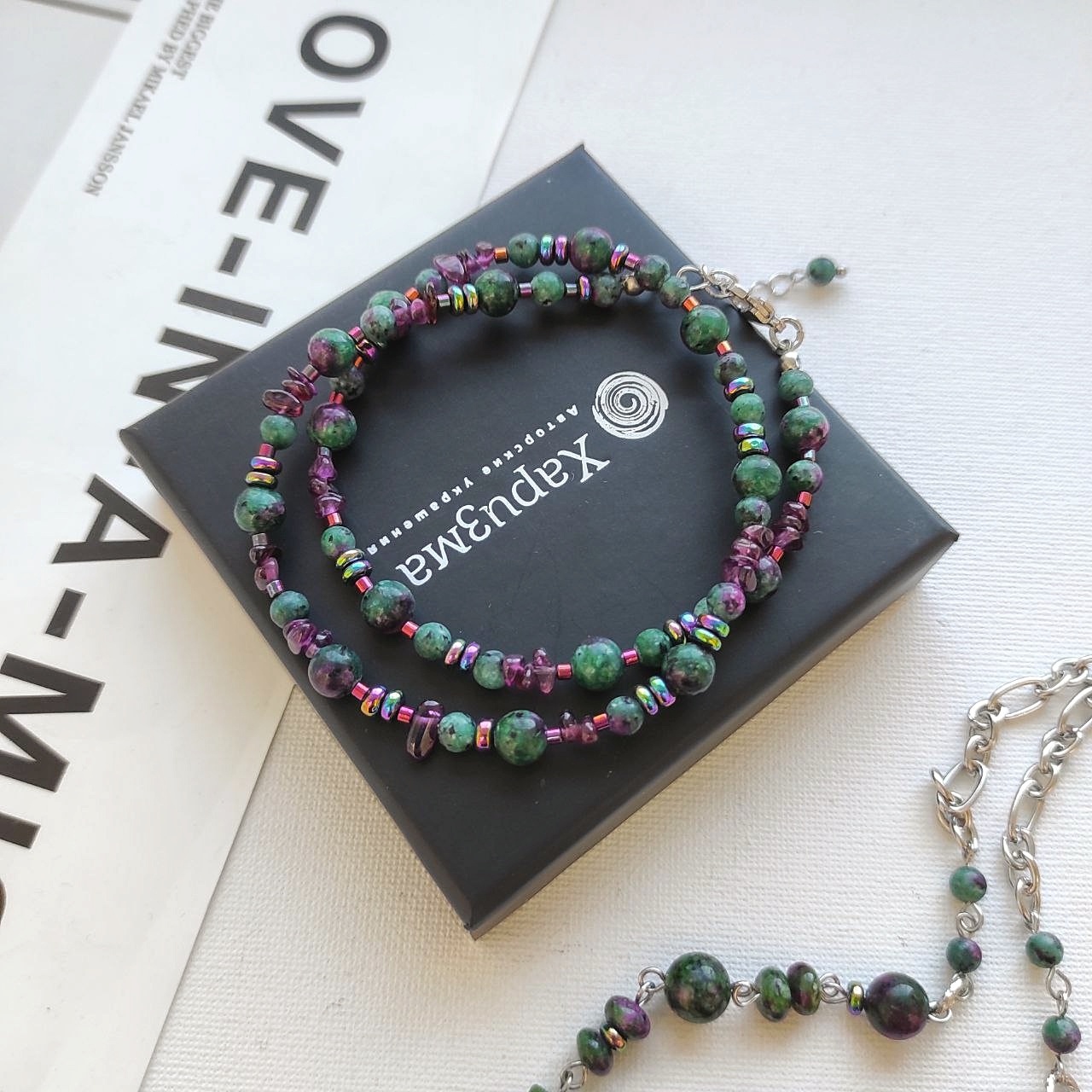 Чокер + колье из цоизита, гематита и граната