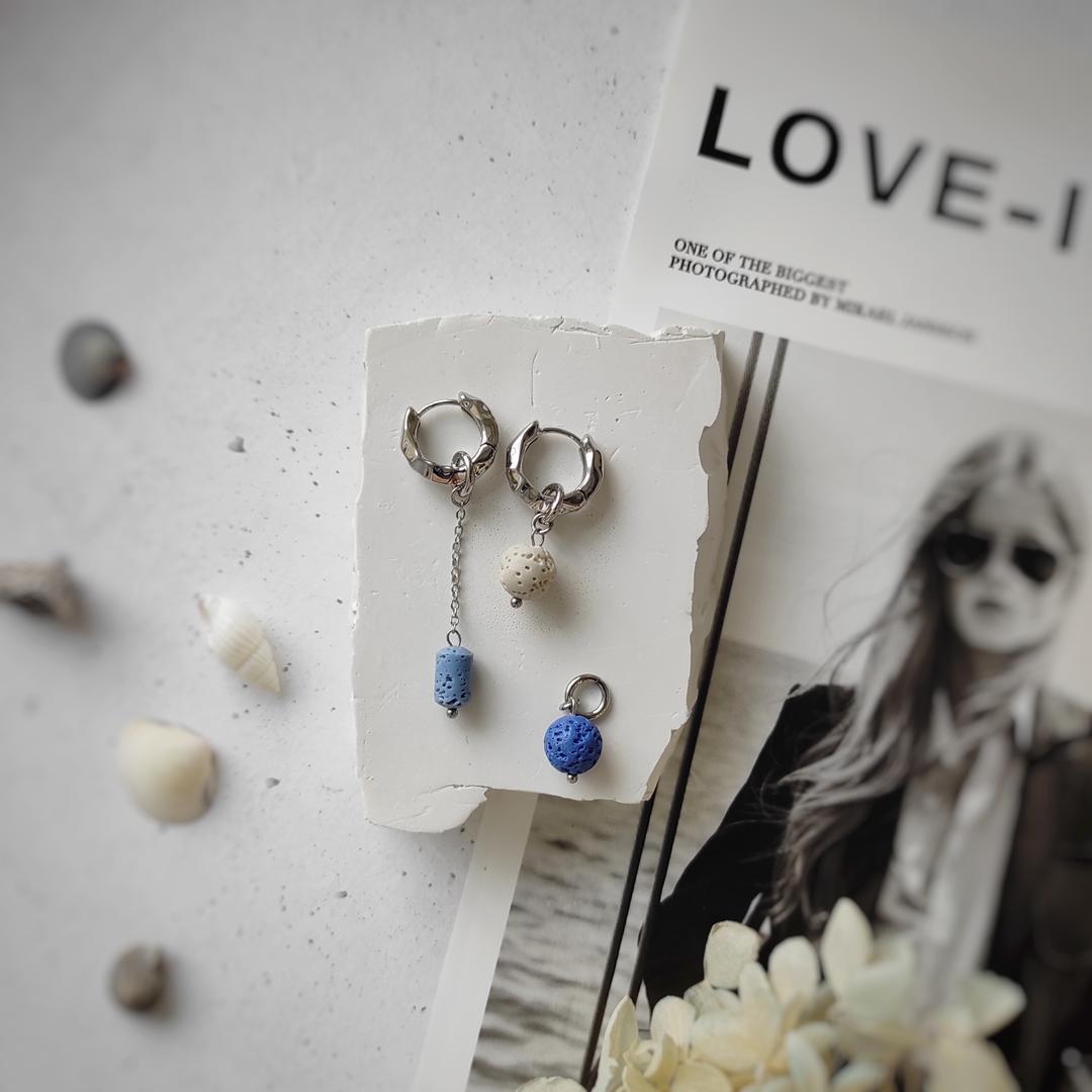 Серьги - трансформеры с сине-голубым вулканитом