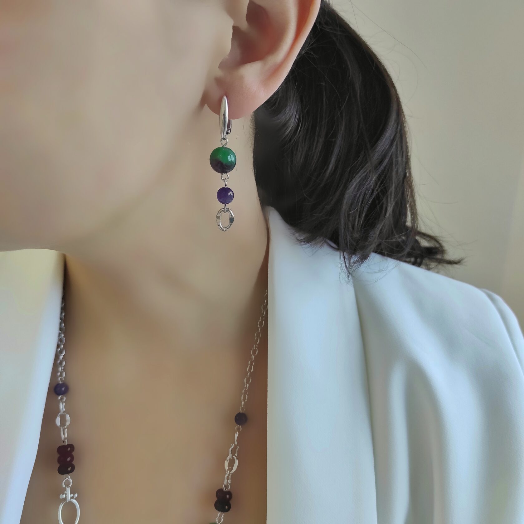 Серьги из аметиста и кварца зелёных, бордовых, малиновых оттенков