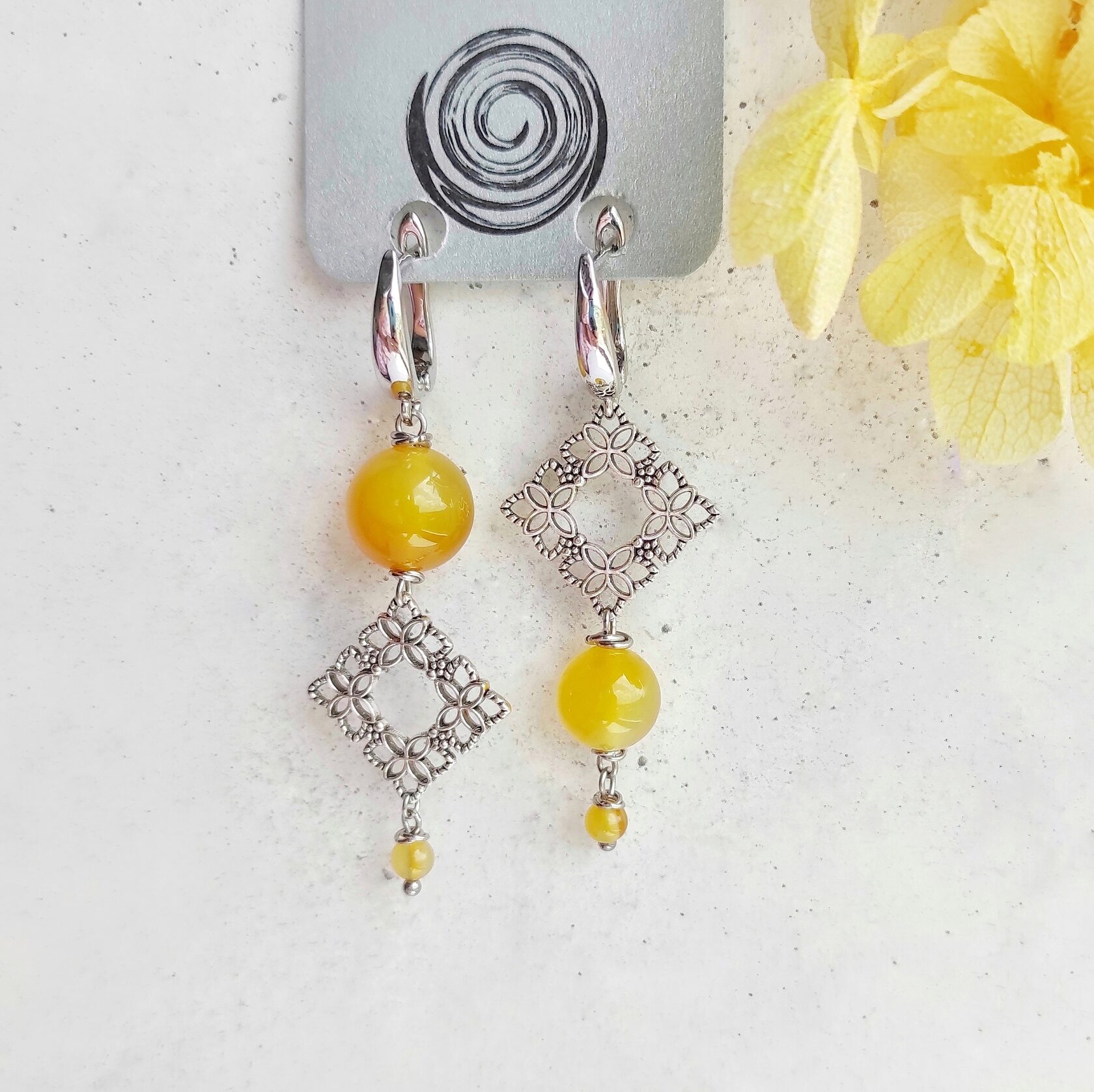 Серьги с желтым агатом Ромб