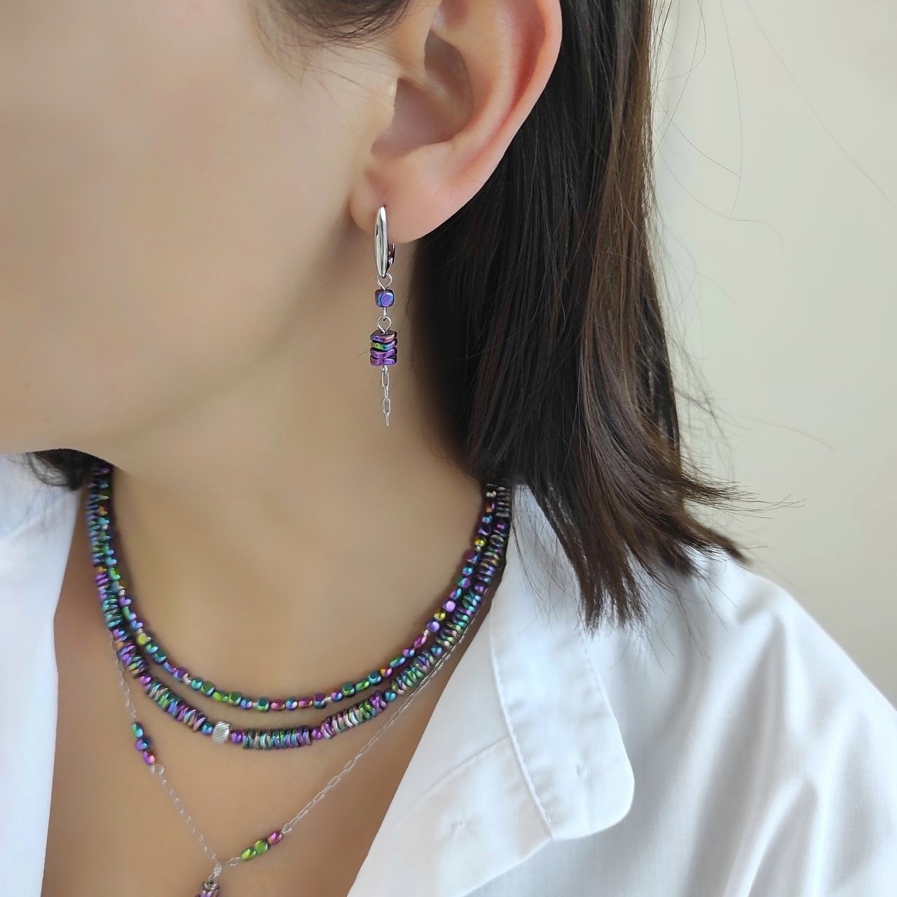 Серьги из гематита фиолетовые + зелёные оттенки