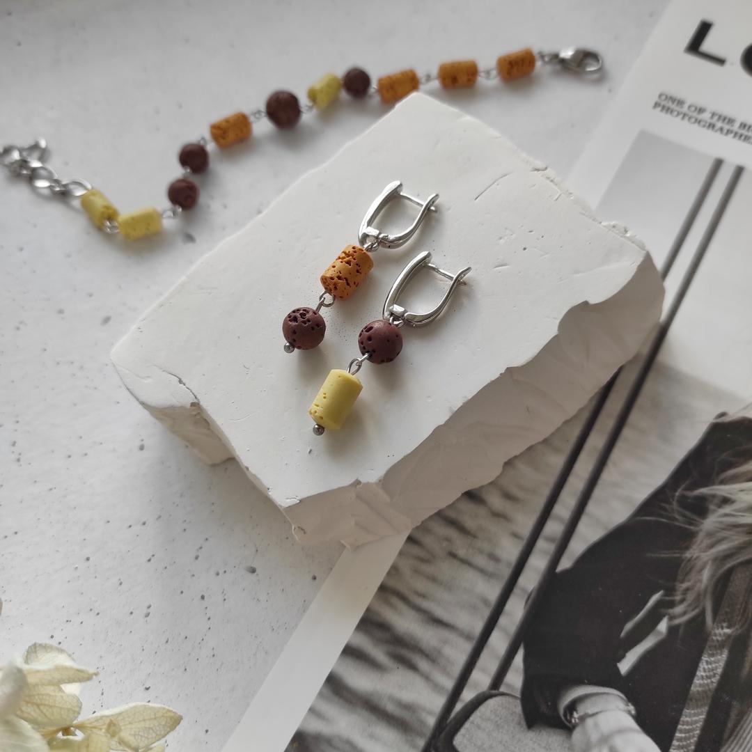 Серьги из вулканита: оранжевый + жёлтый + шоколадные оттенки