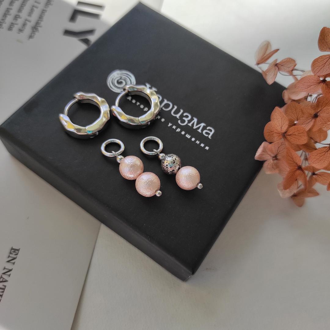 Серьги - трансформеры с хлопковым жемчугом нежно - розового цвета