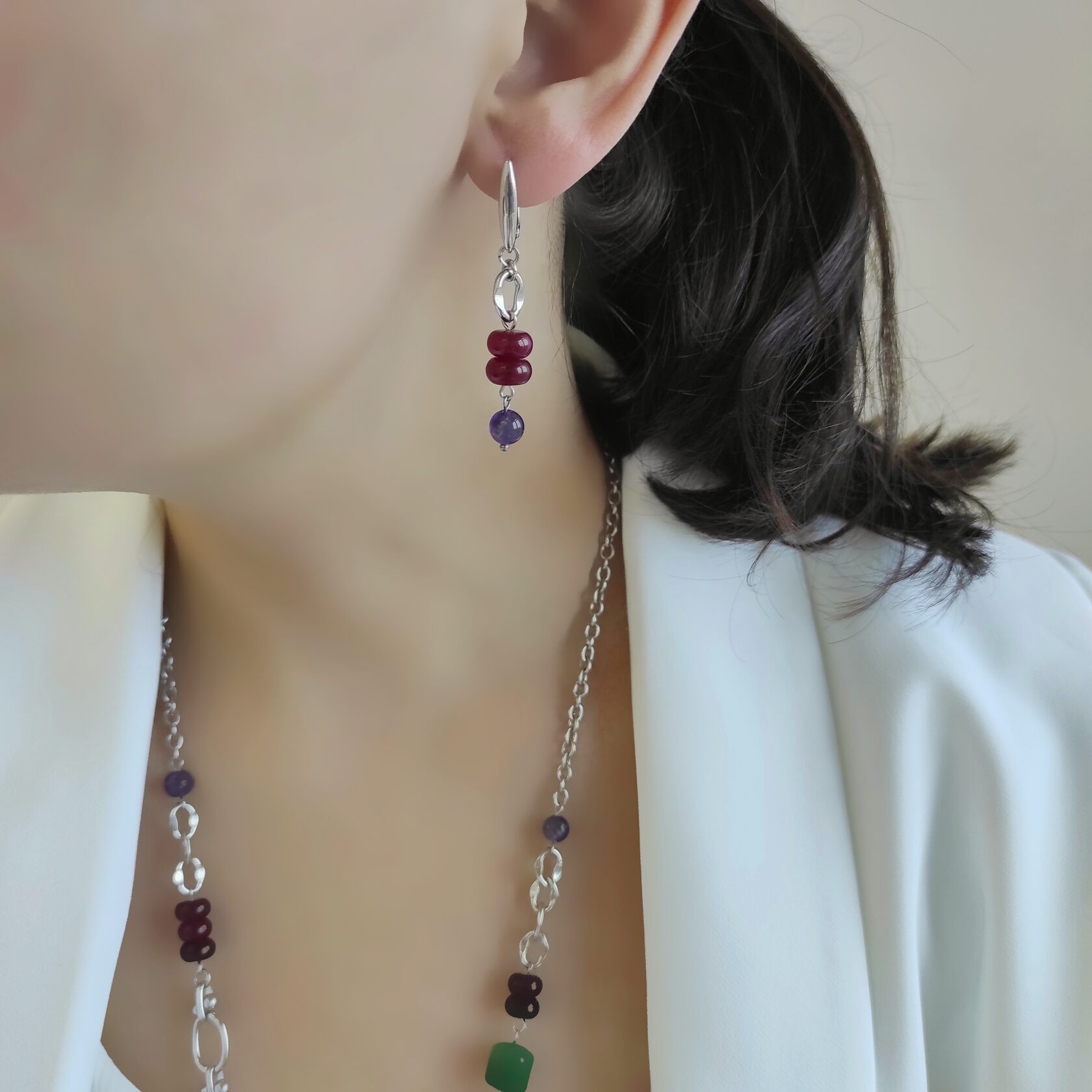 Серьги из аметиста и кварца зелёных, бордовых, малиновых оттенков