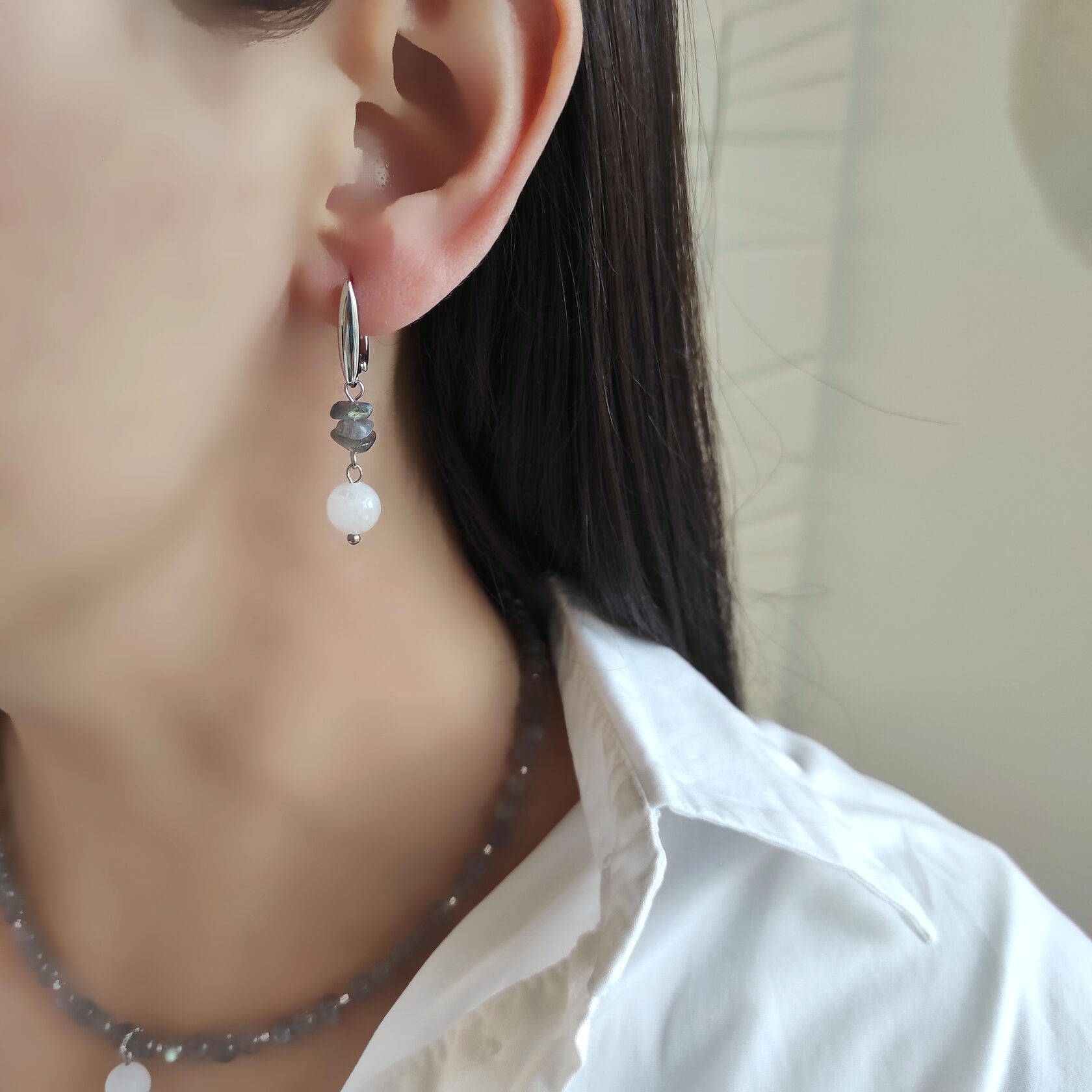 Серьги из лабрадора и лунного камня