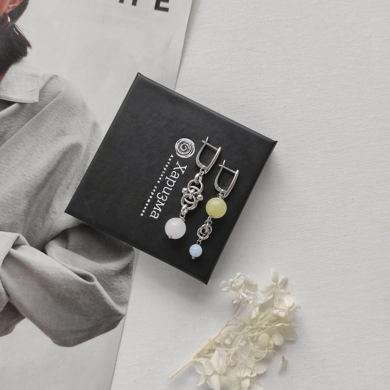 Серьги с кварцем пастельных оттенков: розовый, голубой, зелёный