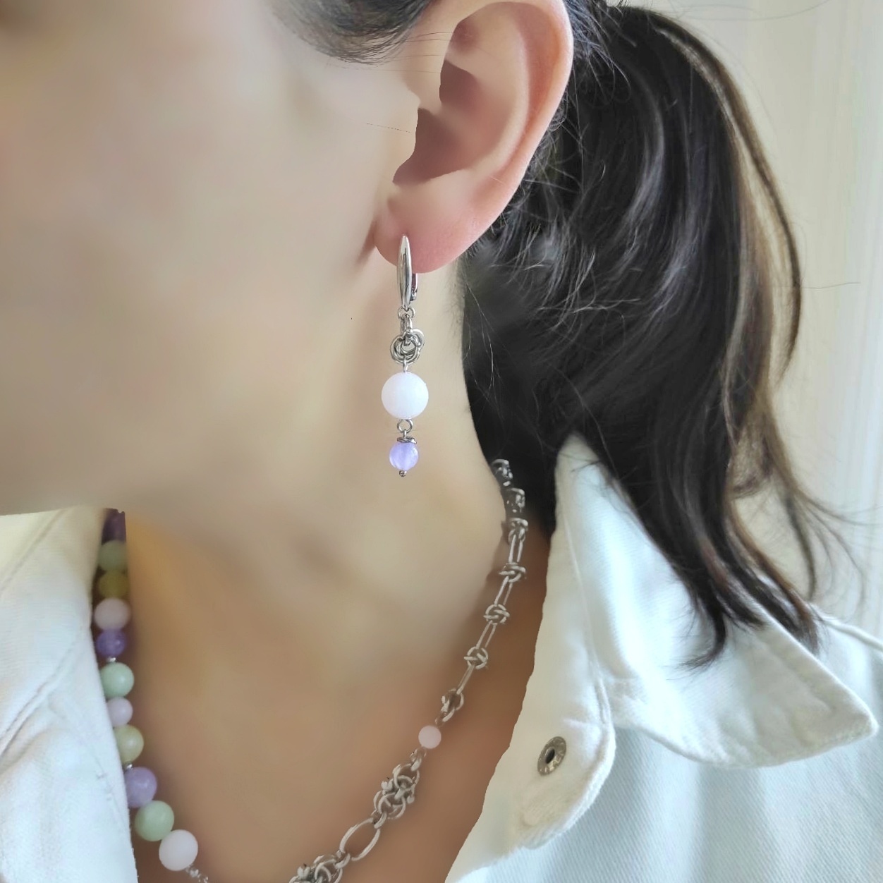 Серьги с кварцем пастельных оттенков: жёлтый, лавандовый, розовый, зелёный