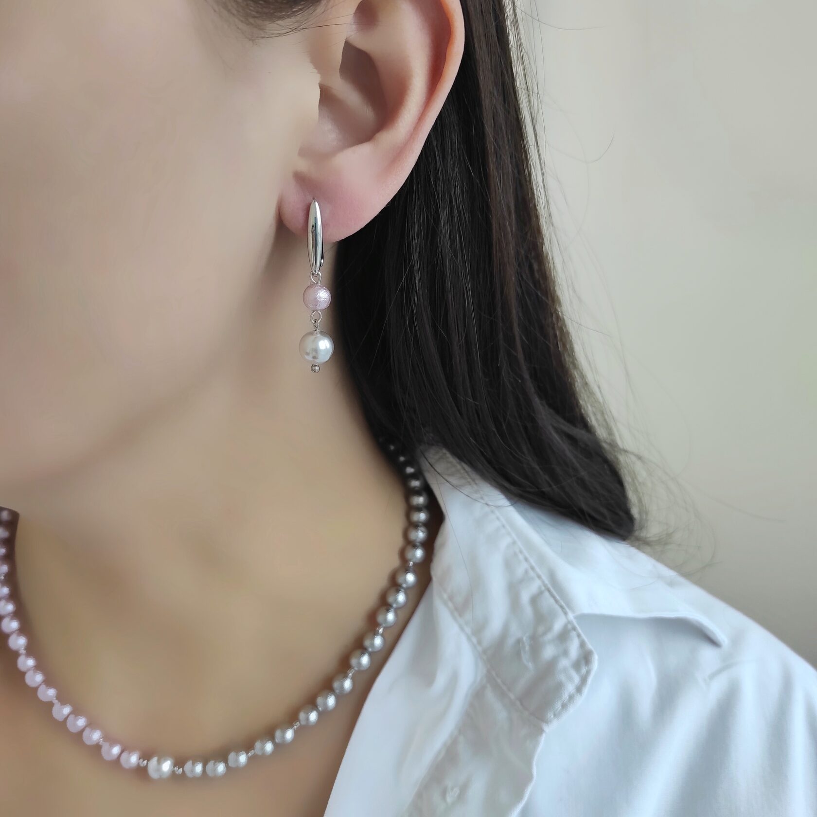 Серьги из хлопкового жемчуга серый + пастельно-розовый цвета