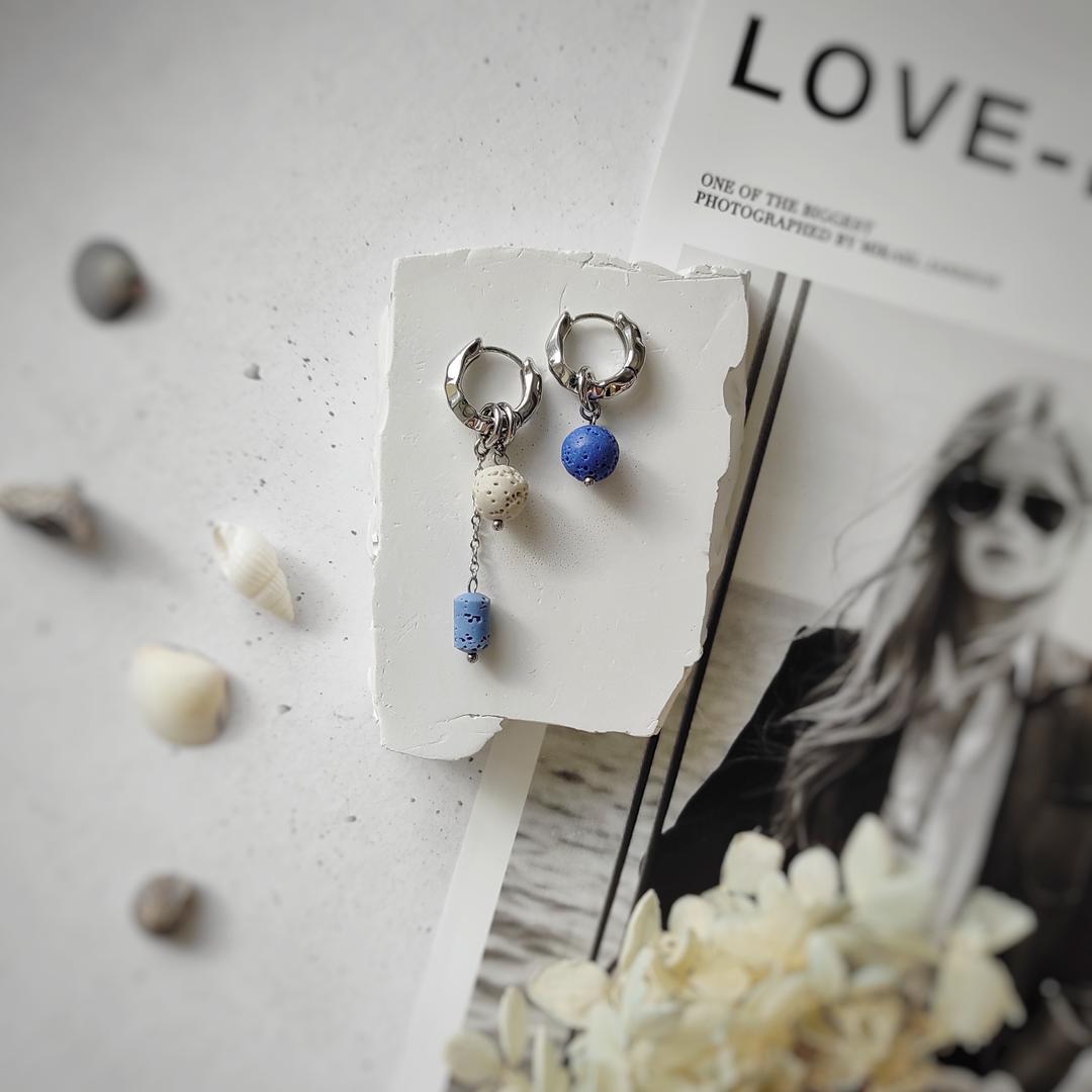 Серьги - трансформеры с сине-голубым вулканитом