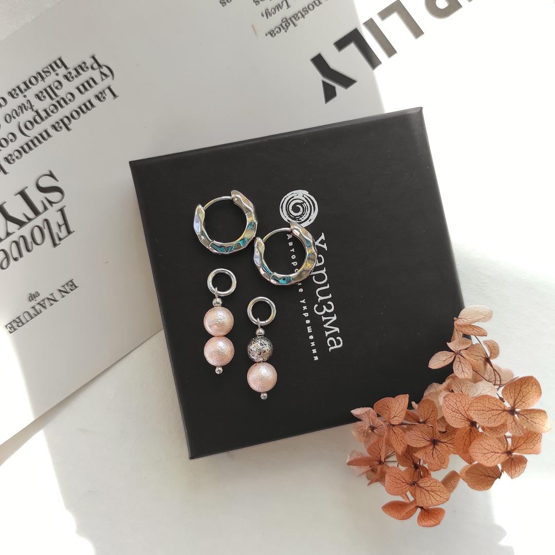 Серьги - трансформеры с хлопковым жемчугом нежно - розового цвета