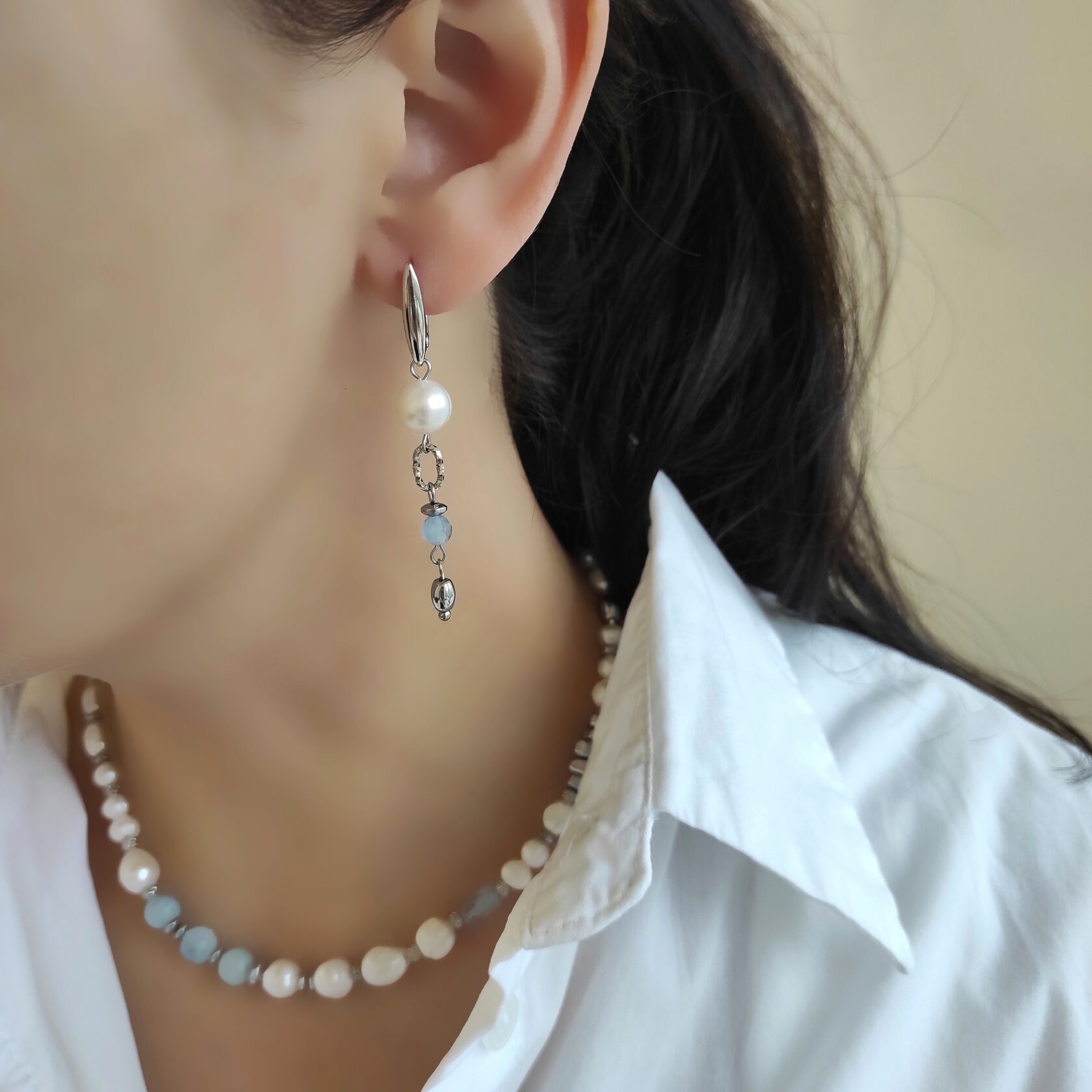 Серьги из жемчуга, аквамарина, гематита
