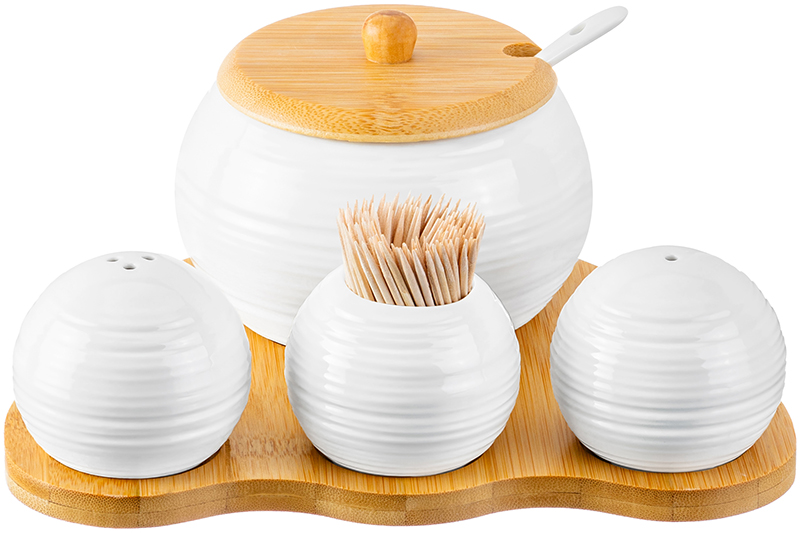 БЫЛО 1191 руб! Набор 4 пр. - Сахарница+Вазочка под зубоч. и набор д/спец. 2 пр.на бам.подстав 20*17*9 см