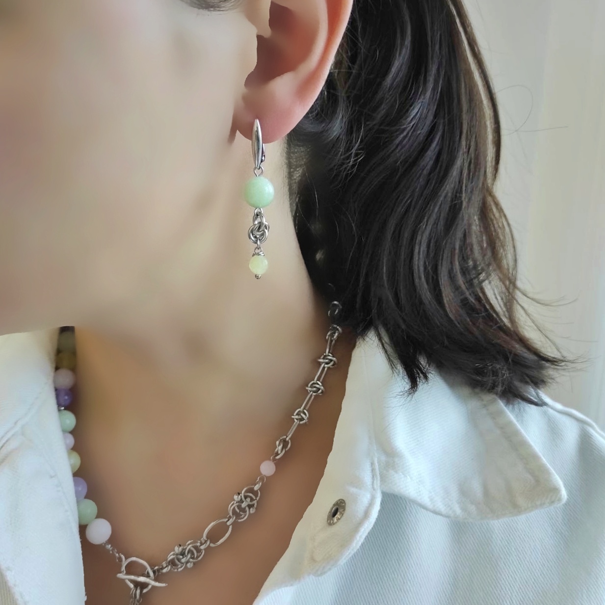 Серьги с кварцем пастельных оттенков: жёлтый, лавандовый, розовый, зелёный