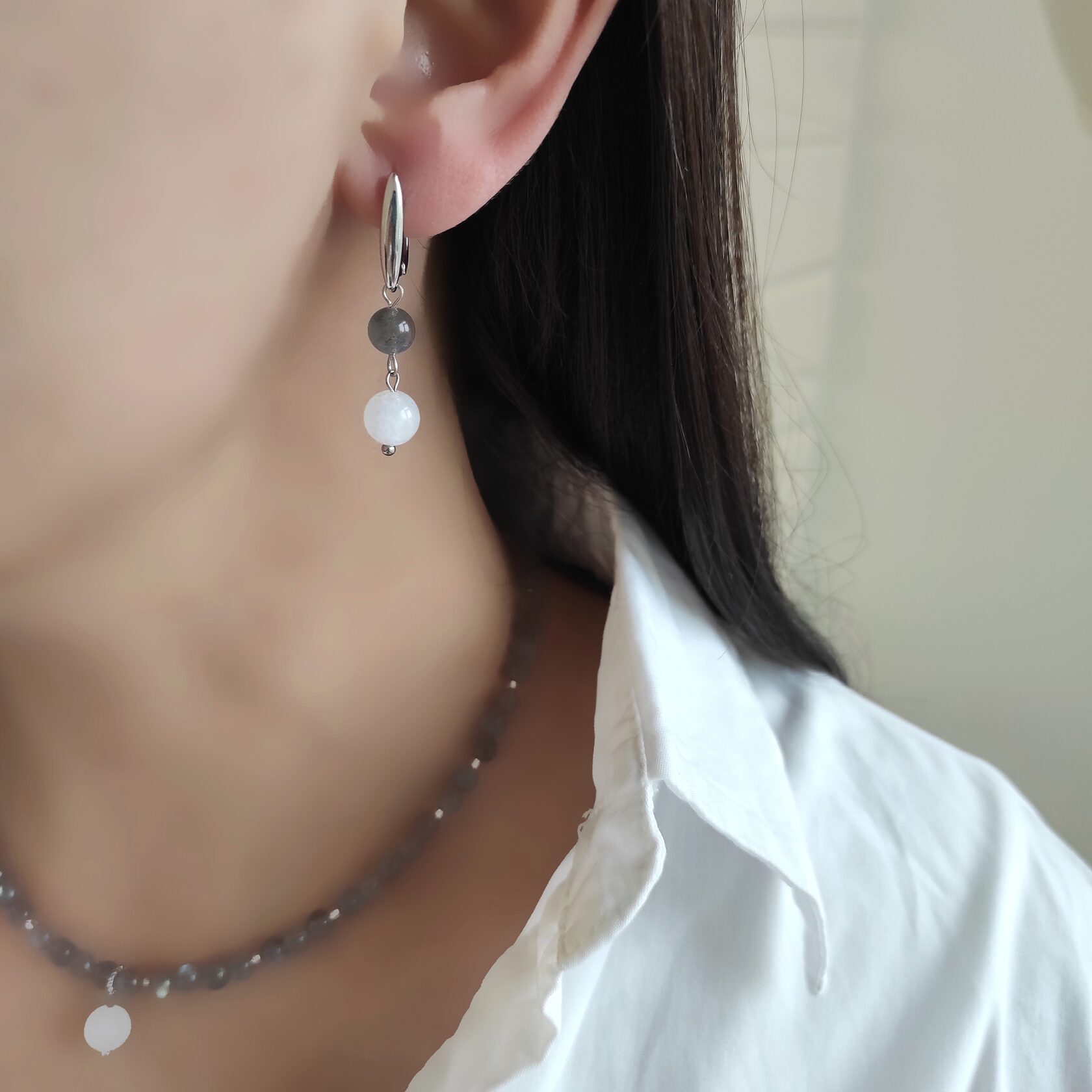Серьги из лабрадора и лунного камня