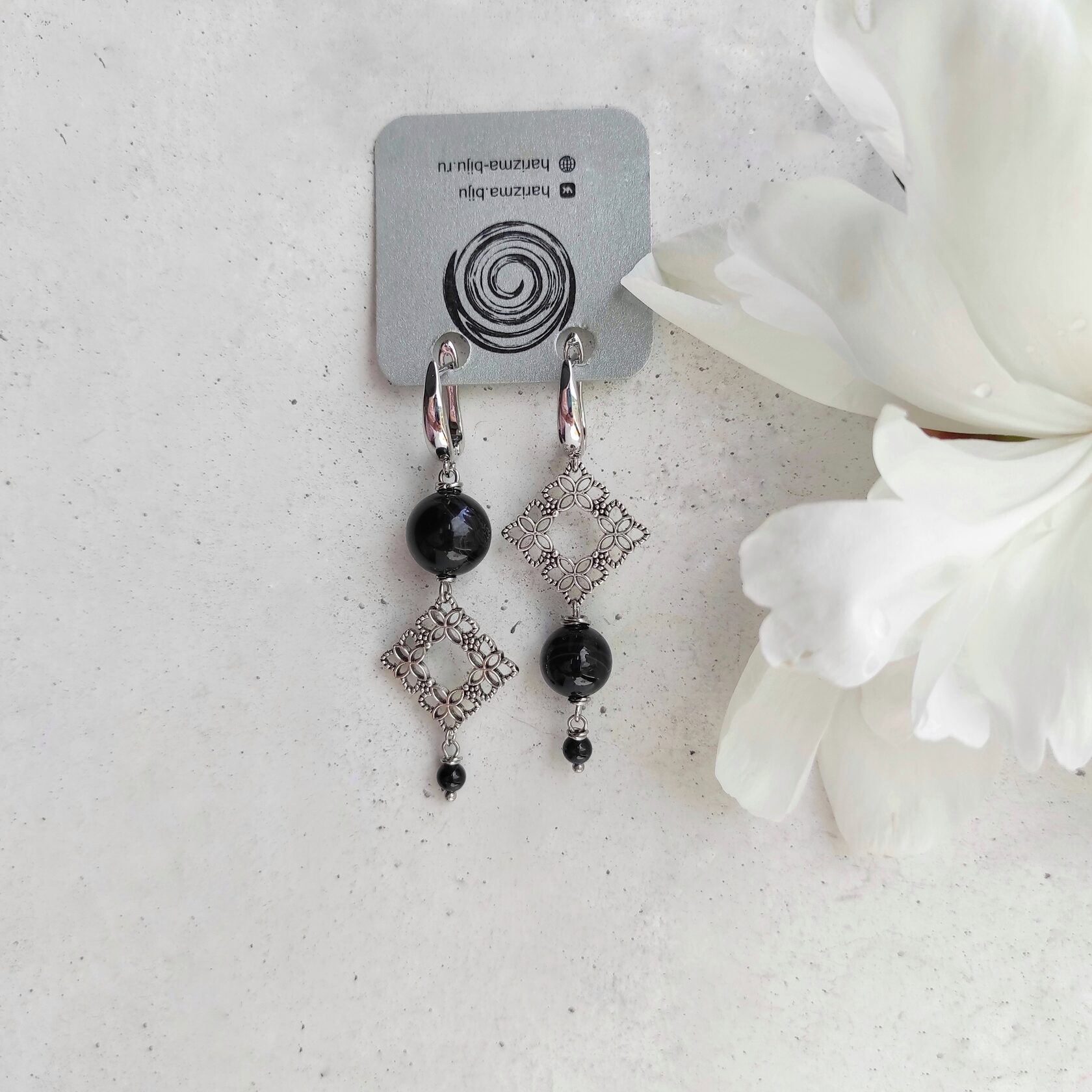 Серьги с черным агатом Ромб