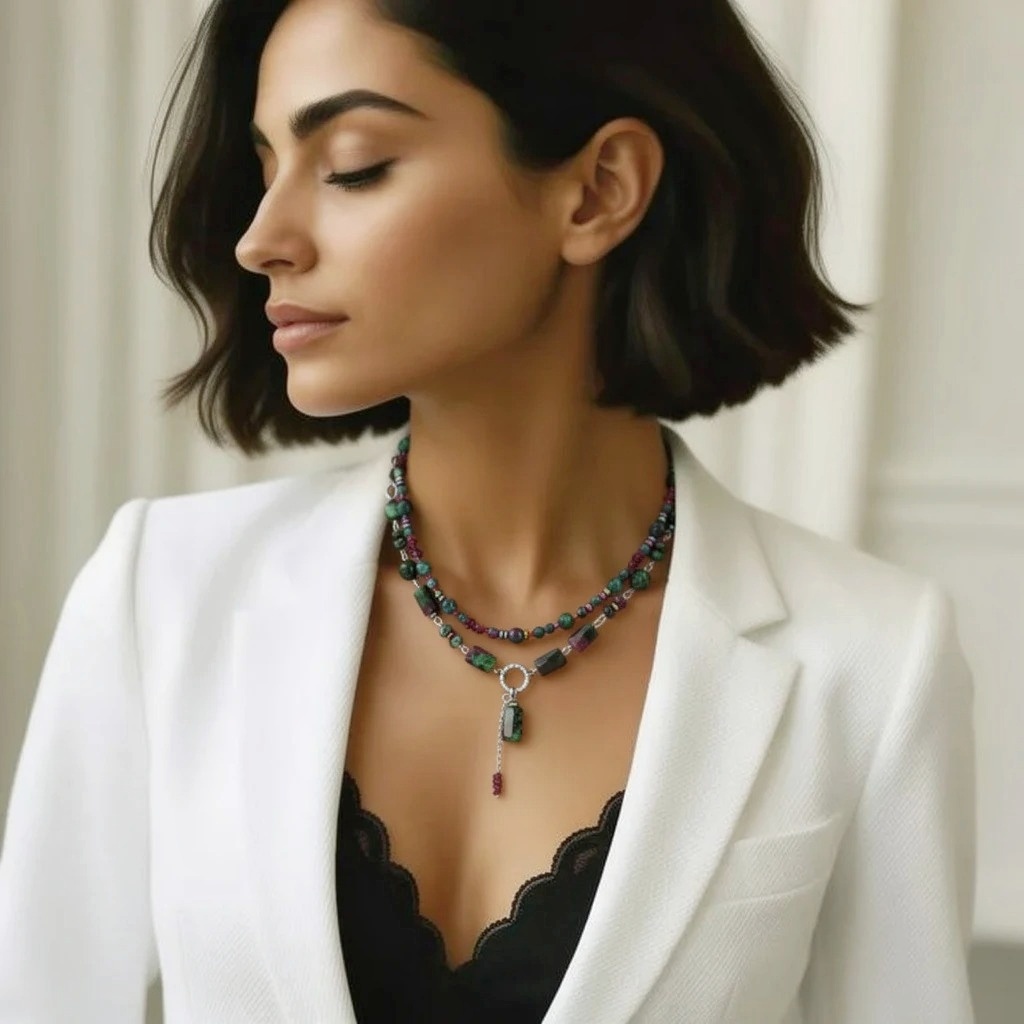 Чокер + колье из цоизита, гематита и граната