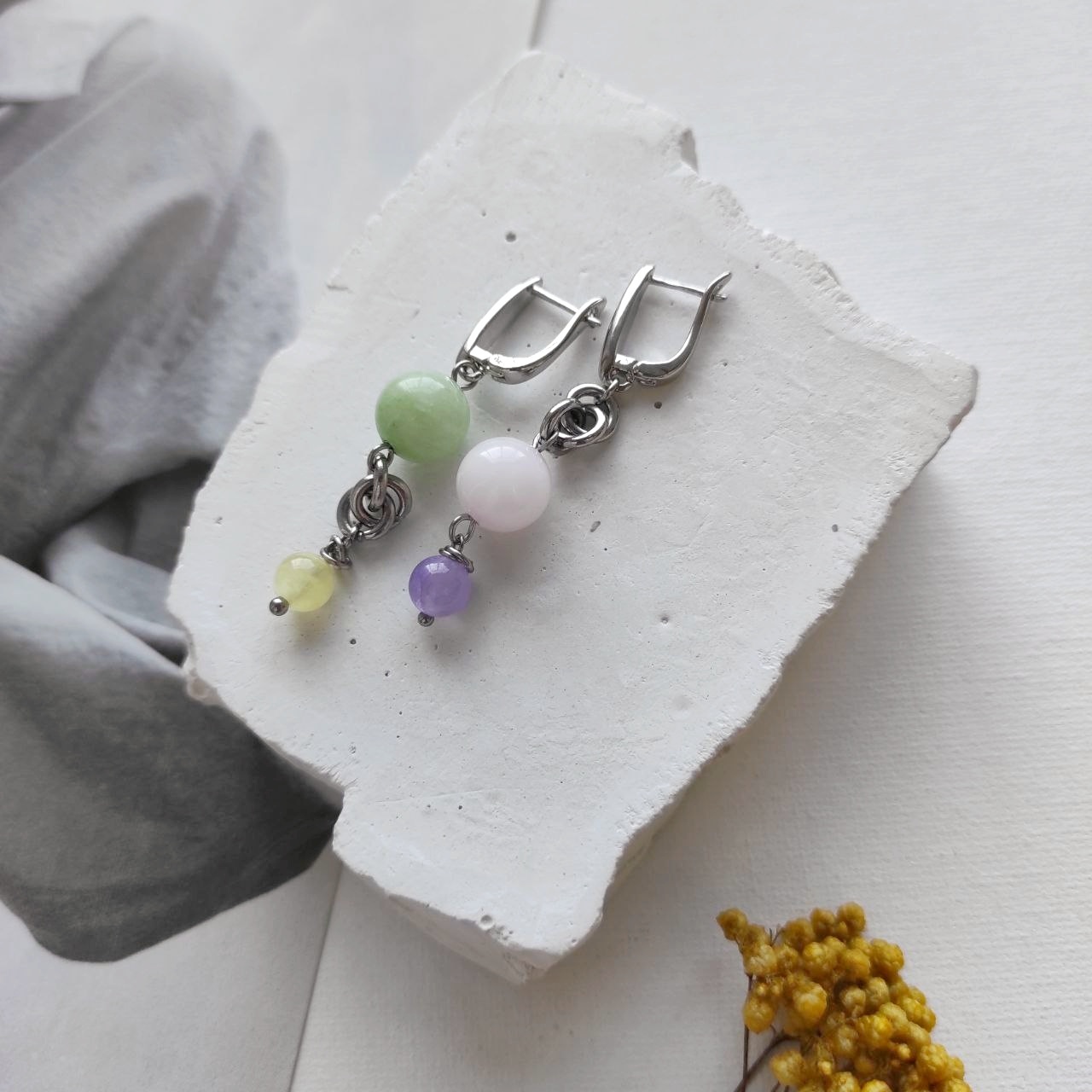 Серьги с кварцем пастельных оттенков: жёлтый, лавандовый, розовый, зелёный