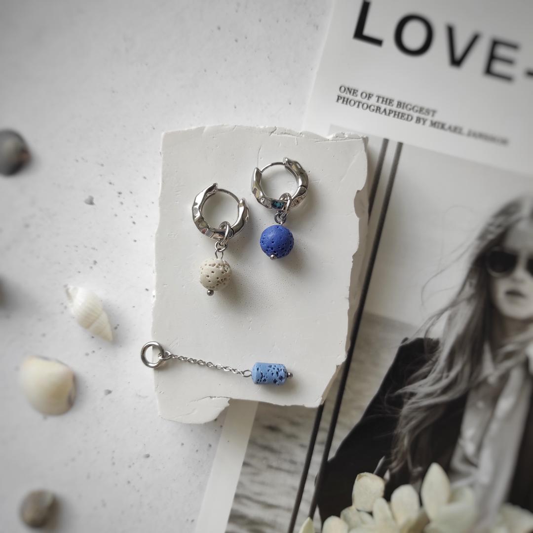 Серьги - трансформеры с сине-голубым вулканитом