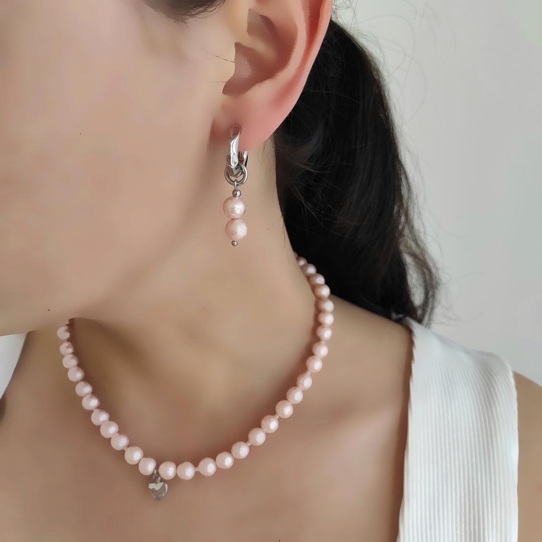 Серьги - трансформеры с хлопковым жемчугом нежно - розового цвета